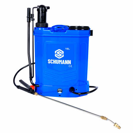 Pompa de stropit electrica + manuala 2 in 1, Schumann®, 16 L, acumulator, 6 BAR, regulator, 5 duze de stropire incluse [1]