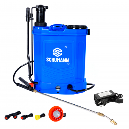 Pompe de stropit - Pompa de stropit electrica + manuala 2 in 1, Schumann®, 16 L, acumulator, 6 BAR, regulator, 5 duze de stropire incluse