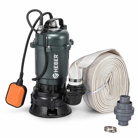 Pompe submersibile - Set Pompa Apa Murdara Heber®,(WC, fosa, hazna) cu turbina, din fonta si plutitor +20m Furtun pompieri 2"+cuple metalice
