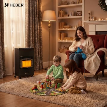 Seminee electrice - Soba metalica pe gaz GPL, cu roti, mobila, Heber®, 3 trepte de putere, negru