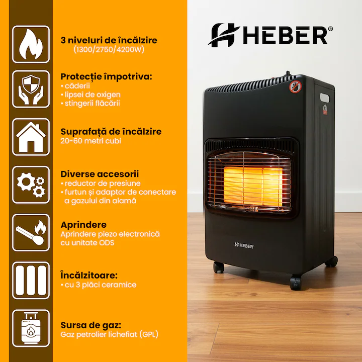Soba metalica pe gaz GPL, cu roti, mobila, Heber®, 3 trepte de putere, negru [3]