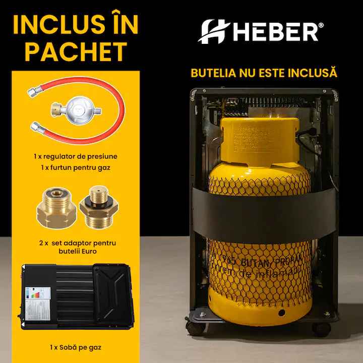 Soba metalica pe gaz GPL, cu roti, mobila, Heber®, 3 trepte de putere, negru [6]