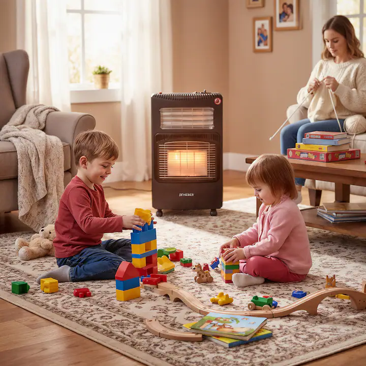 Seminee electrice - Soba portabila pe GPL si Electric, Heber HBR-7562, Acoperire 20-60 mp, Senzor ODS Siguranta, 4200 W, 4 Roti, Protectie rasturnare, Aprindere Piezo