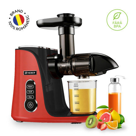 Storcatoare de fructe - Storcator de Fructe si Legume, Heber®, cu presare la Rece, 2 Viteze Soft/Hard, Display LED, Sita Inox, Functie Reverse, 150W, Ax cu Melc, Recipient Suc 450ml, Sticla pentru calatorie 500ml, Rosu