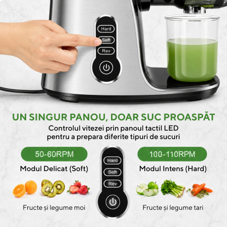 Storcator de Fructe si Legume, Heber®, cu presare la Rece, 2 Viteze Soft/Hard, Display LED, Sita Inox, Functie Reverse, 150W, Ax cu Melc, Recipient Suc 450ml, Sticla pentru calatorie 500ml, Gri [1]
