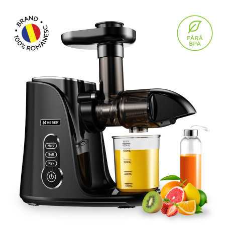 Storcatoare de fructe - Storcator de Fructe si Legume, Heber®, cu presare la Rece, 2 Viteze Soft/Hard, Display LED, Sita Inox, Functie Reverse, 150W, Ax cu Melc, Recipient Suc 450ml, Sticla pentru calatorie 500ml, Negru