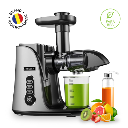 Storcatoare de fructe - Storcator de Fructe si Legume, Heber®, cu presare la Rece, 2 Viteze Soft/Hard, Display LED, Sita Inox, Functie Reverse, 150W, Ax cu Melc, Recipient Suc 450ml, Sticla pentru calatorie 500ml, Gri