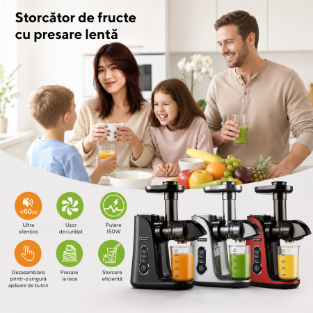 Storcator de Fructe si Legume, Heber®, cu presare la Rece, 2 Viteze Soft/Hard, Display LED, Sita Inox, Functie Reverse, 150W, Ax cu Melc, Recipient Suc 450ml, Sticla pentru calatorie 500ml, Gri [3]