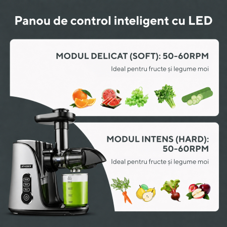 Storcator de Fructe si Legume, Heber®, cu presare la Rece, 2 Viteze Soft/Hard, Display LED, Sita Inox, Functie Reverse, 150W, Ax cu Melc, Recipient Suc 450ml, Sticla pentru calatorie 500ml, Gri [2]