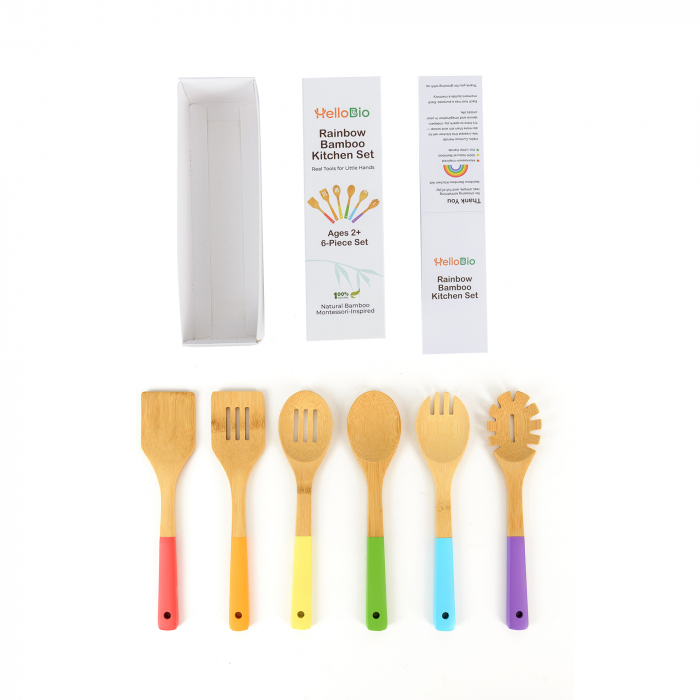 Set de ustensile de bucătărie din bambus curcubeu pentru copii – Inspirat din metoda Montessori, 6 piese reale pentru gătit | Vârsta 2+ | Bambus natural | Codificat pe culori | Cadou eco-friendly pent [2]