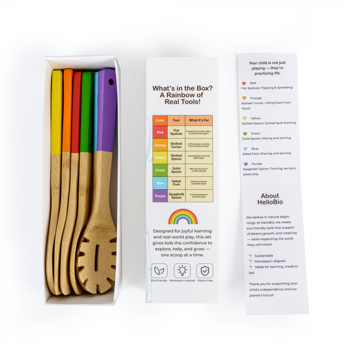 Set de ustensile de bucătărie din bambus curcubeu pentru copii – Inspirat din metoda Montessori, 6 piese reale pentru gătit | Vârsta 2+ | Bambus natural | Codificat pe culori | Cadou eco-friendly pent [3]