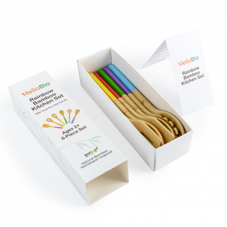 Set de ustensile de bucătărie din bambus curcubeu pentru copii – Inspirat din metoda Montessori, 6 piese reale pentru gătit | Vârsta 2+ | Bambus natural | Codificat pe culori | Cadou eco-friendly pent [3]