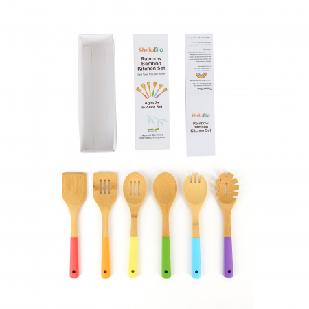 Set de ustensile de bucătărie din bambus curcubeu pentru copii – Inspirat din metoda Montessori, 6 piese reale pentru gătit | Vârsta 2+ | Bambus natural | Codificat pe culori | Cadou eco-friendly pent [1]