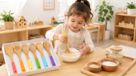 Set ustensile bucătărie din bambus pentru copii, 6 piese – inspirat din Montessori, vârsta 2+, cadou educativ [8]