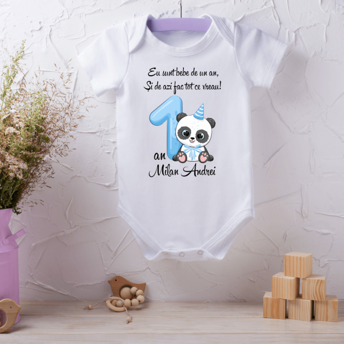 Body personalizat aniversare 1 an - Ursuleț panda - Model băiat [1]