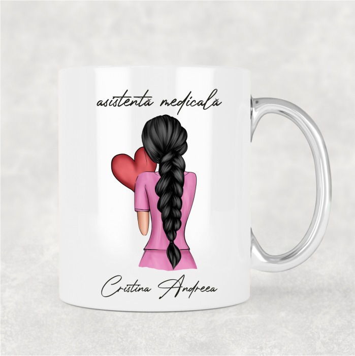 Cană cu mâner argintiu personalizată cu nume - Asistentă medicală - M1 [1]