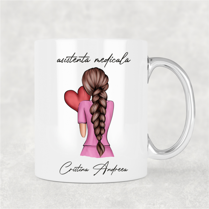 Cană cu mâner argintiu personalizată cu nume - Asistentă medicală - M2 [1]