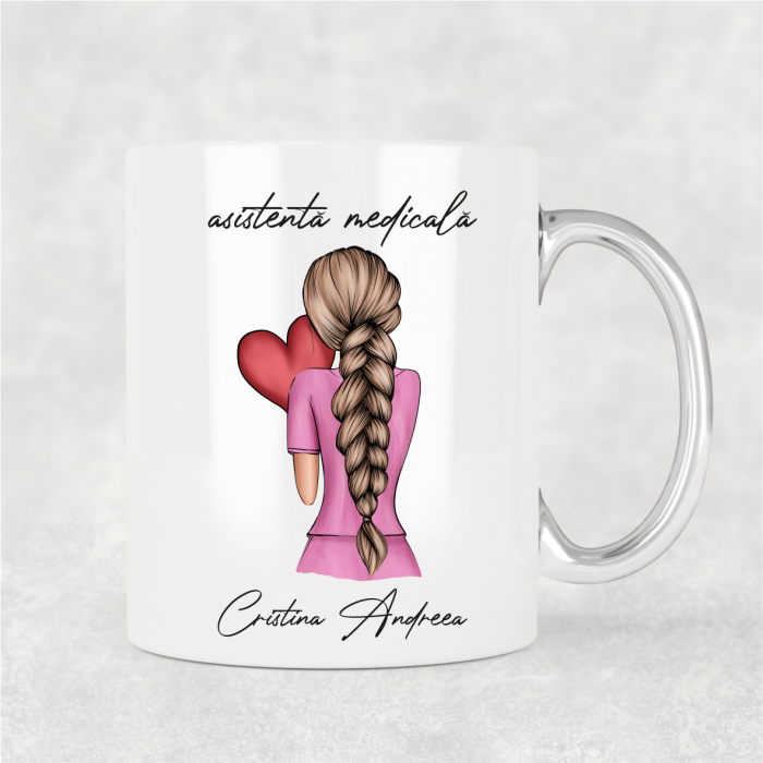 Cană cu mâner argintiu personalizată cu nume - Asistentă medicală - M3 [1]