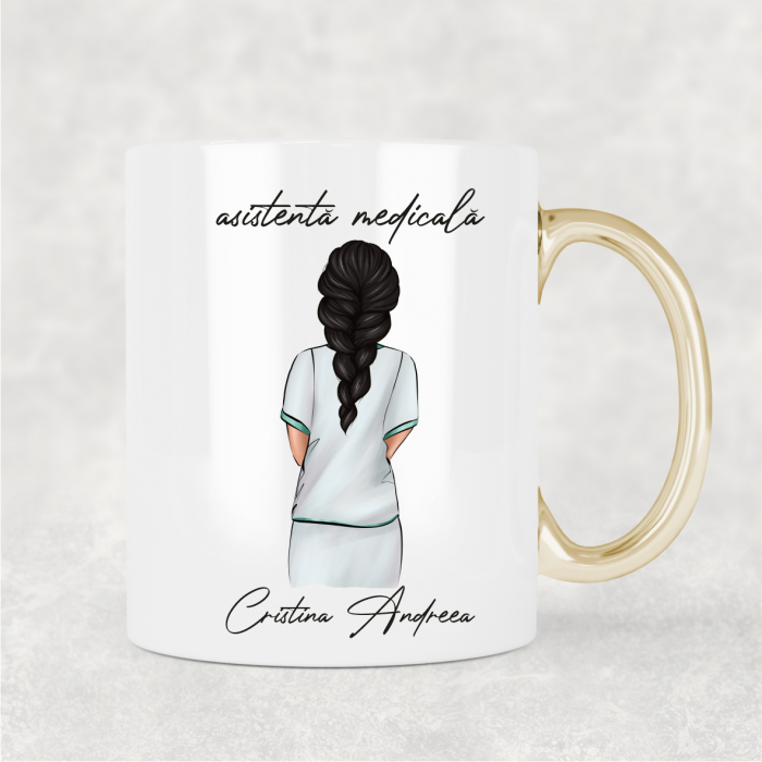 Cană cu mâner auriu personalizată cu nume - Asistentă medicală - M1 [1]