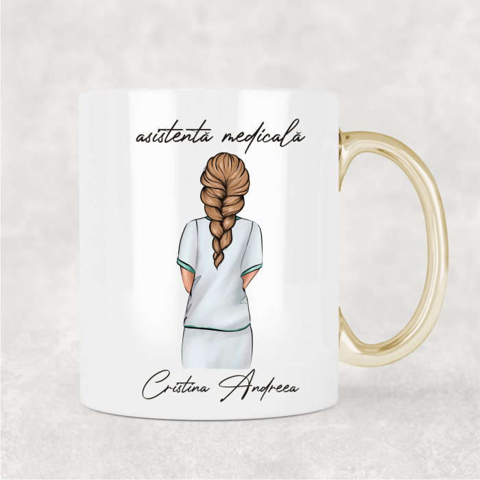 Cană cu mâner auriu personalizată cu nume - Asistentă medicală - M2 [1]