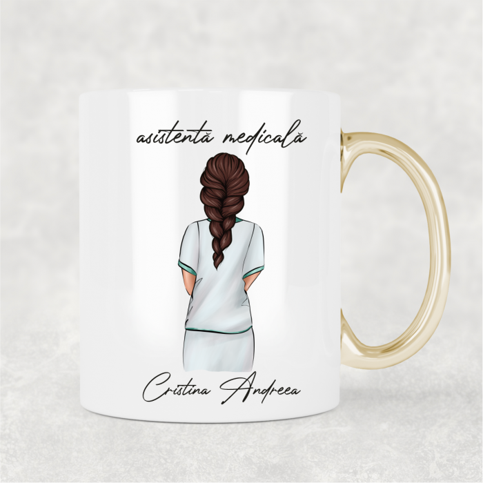 Cană cu mâner auriu personalizată cu nume - Asistentă medicală - M3 [1]