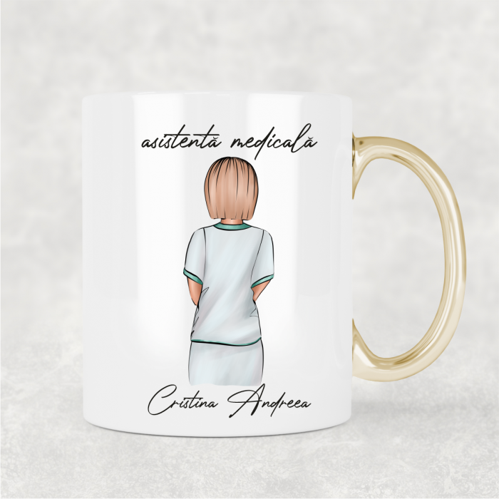 Cană cu mâner auriu personalizată cu nume - Asistentă medicală - M6 [1]