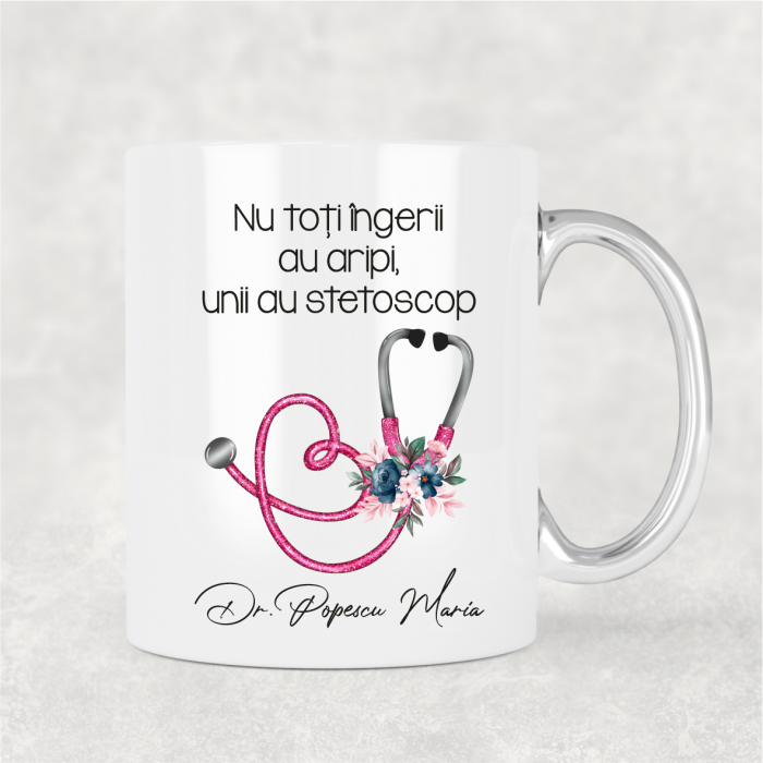 Cană personalizată cu nume pentru doctor - Stetoscop floral - M1 [1]