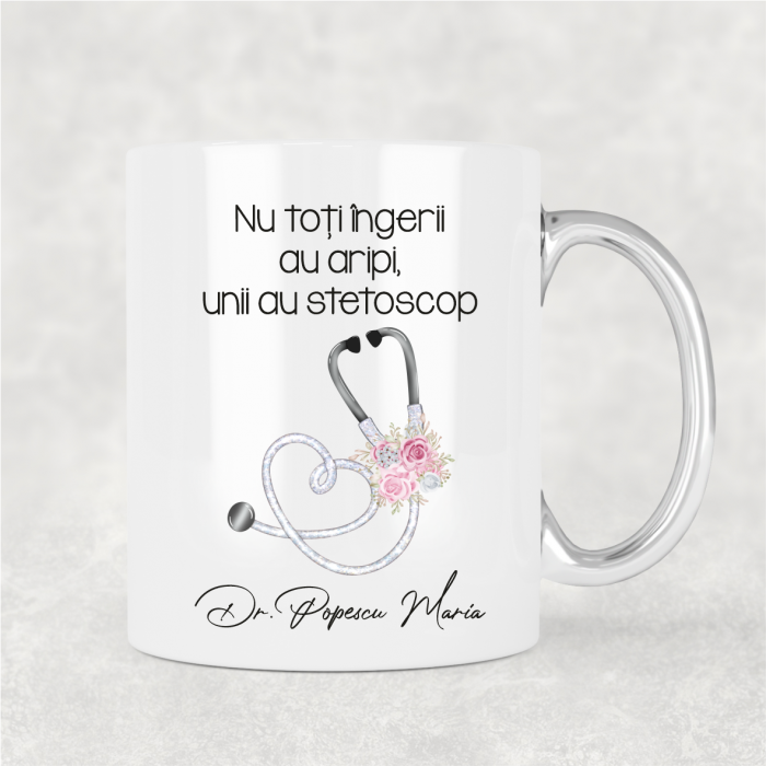 Cană personalizată cu nume pentru doctor - Stetoscop floral - M2 [1]