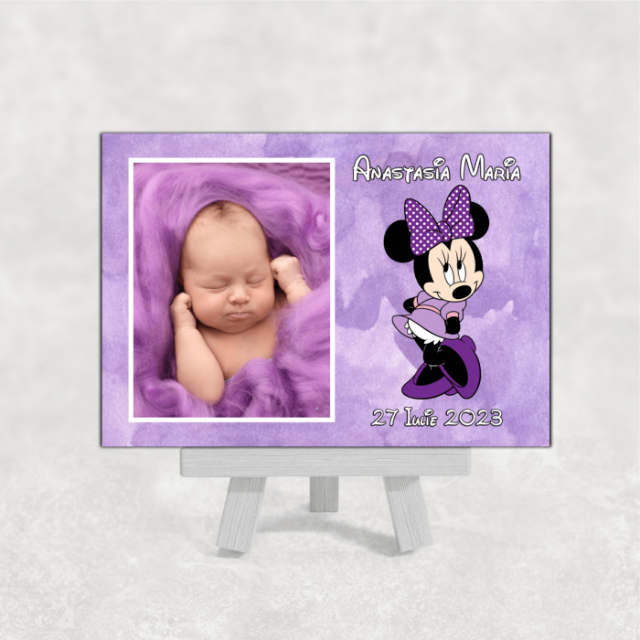 Mărturie magnet botez - Minnie - Nume - Dată - Mov [1]