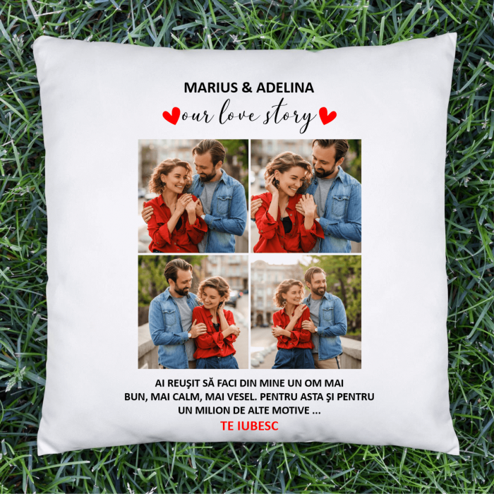 Pernă personalizată cu poze - Our love story - Nume - Text [1]