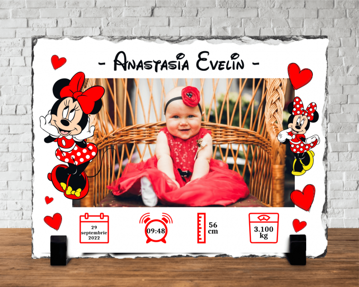 Placă de ardezie personalizată - Nou-Născut - Model fetiță - Minnie - Roșu [1]