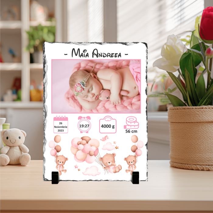 Placă de ardezie personalizată - Nou-Născut - Model fetiță - Ursuleț - M1 [1]