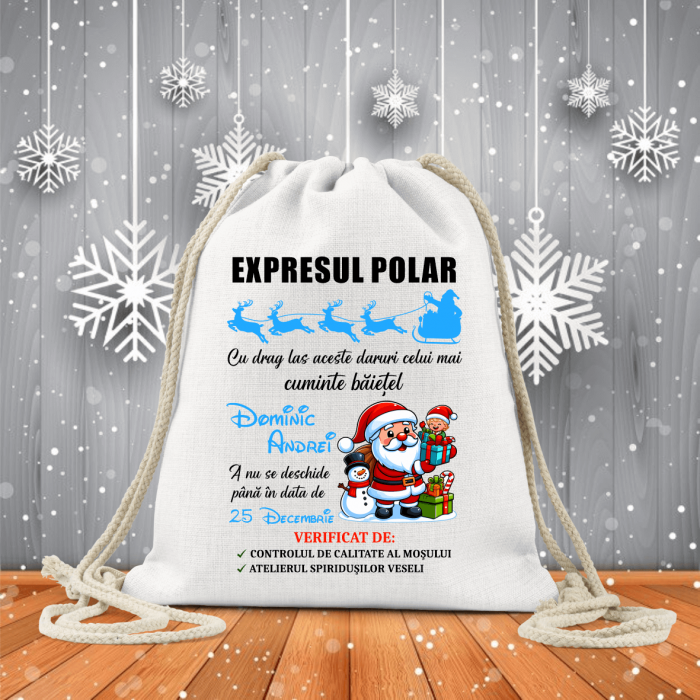 Săculeț textil pentru copii - Crăciun - Expresul polar - Model băiețel [1]