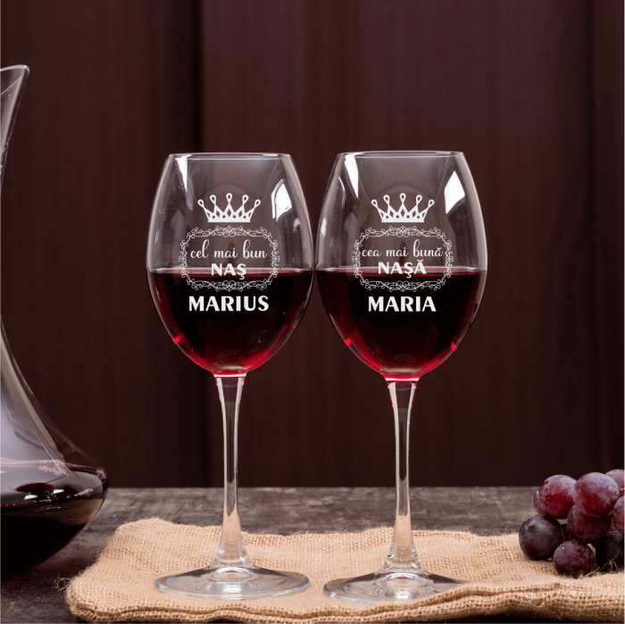 Set pahare de vin personalizate - Cel mai bun Naș - Cea mai bună Nașă - Nume [1]