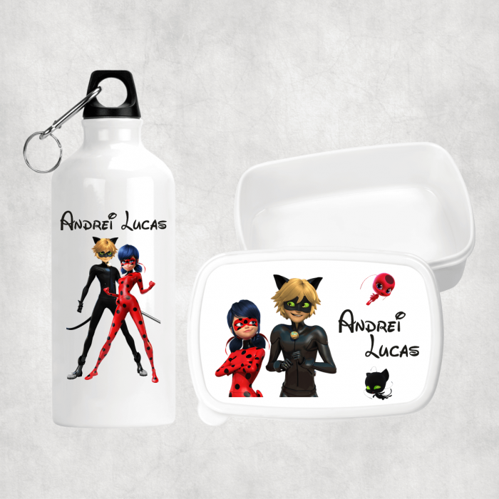 Set personalizat cu nume -  Lunch box și bidon apă - Miraculous - Buburuza și Motan Noir [1]