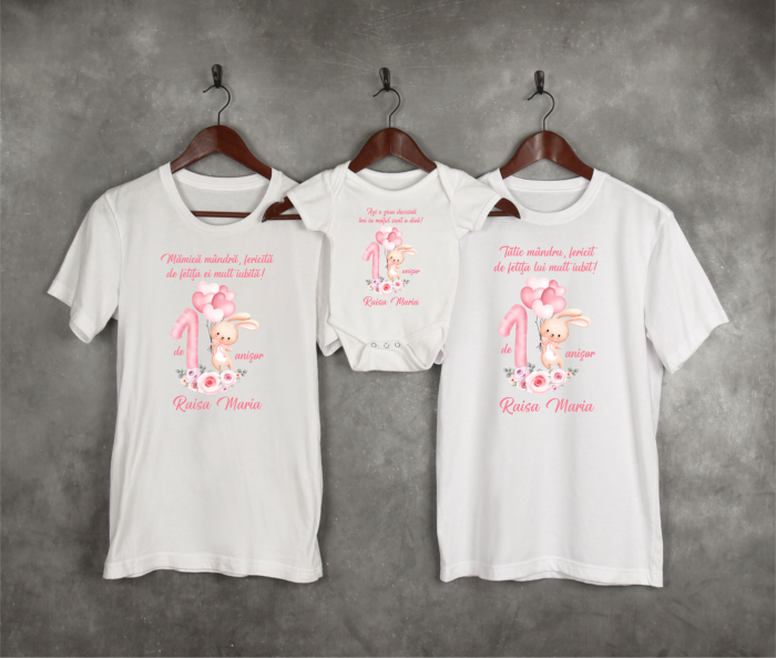 Set tricouri personalizate - Aniversare 1 an - Iepuraș - Model fetiță [1]