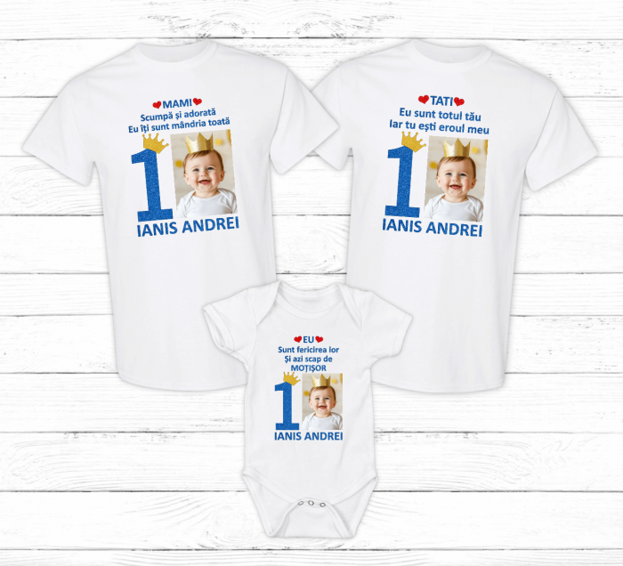 Set tricouri personalizate aniversare 1 an - Poză - Model băiat - Coroană [1]