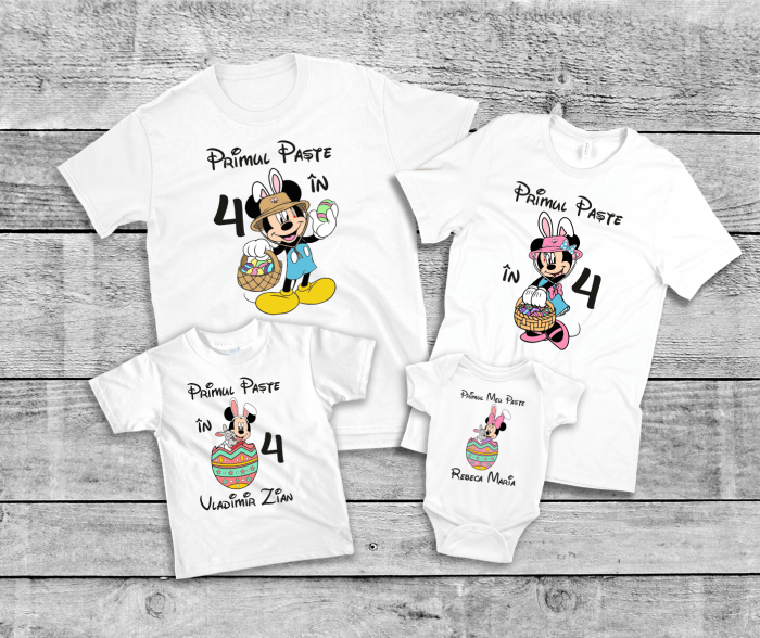 Set tricouri personalizate familie - Primul Paște în 4 - Minnie & Mickey - Model fetiță [1]