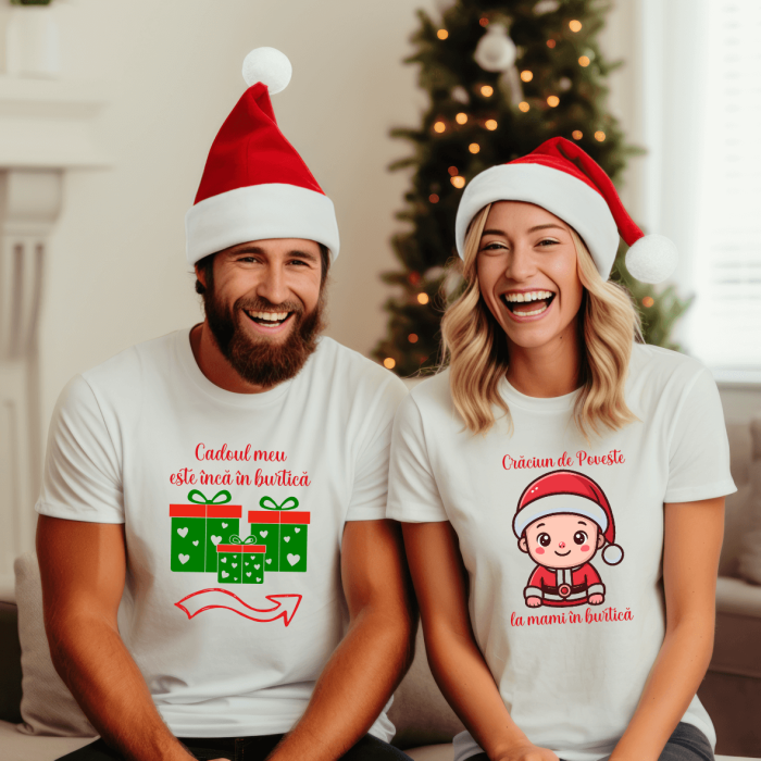 Set tricouri personalizate pentru cuplu - Primul Crăciun la mami în burtică - Cadoul meu este încă în burtică - M5 [1]