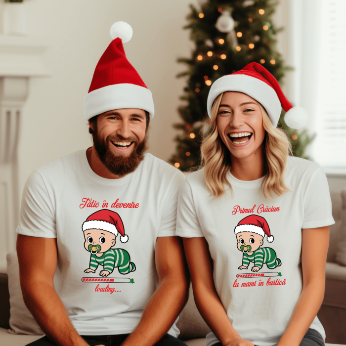 Set tricouri personalizate pentru cuplu - Primul Crăciun la mami în burtică - Tătic în devenire - M11 [1]