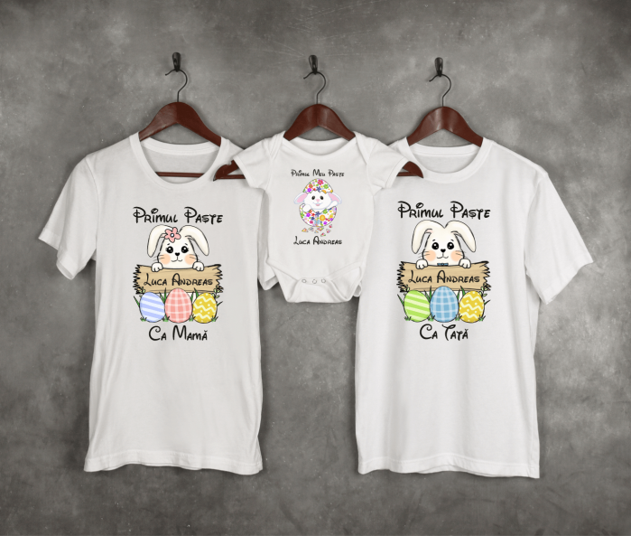 Set tricouri personalizate - Primul Paște ca Mama - Tată - Iepuraș - Nume - Model băiat [1]