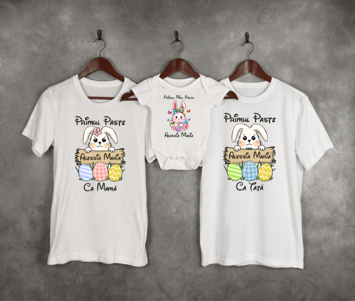 Set tricouri personalizate - Primul Paște ca Mama - Tată - Iepuraș - Nume - Model fetiță [1]