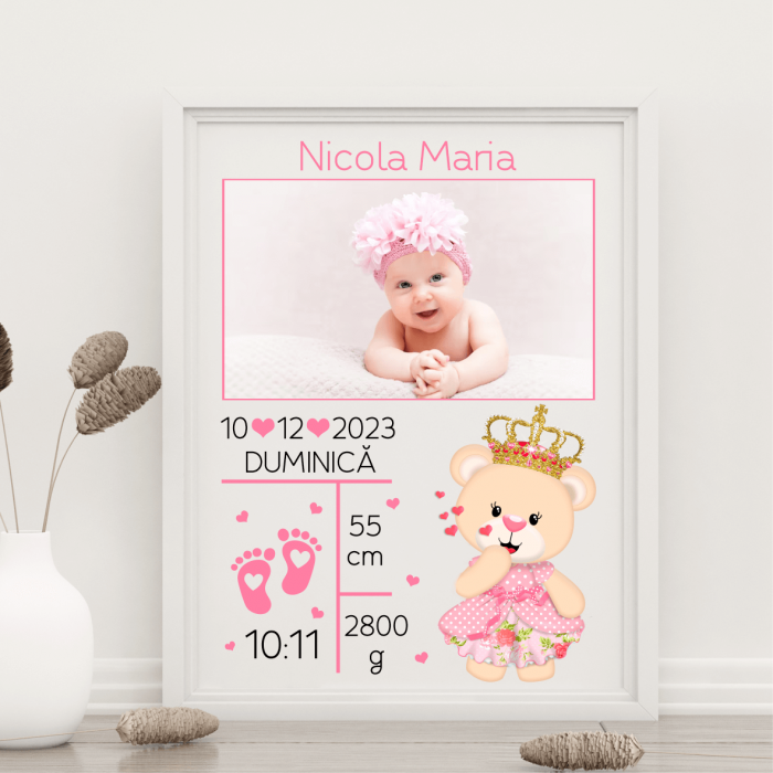 Tablou A4 personalizat cu poză - Nou-Născut - Model fetiță - Elefănțel [2]