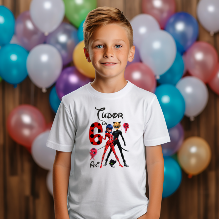 Tricou personalizat copil aniversare - Buburuza și Motan Noir [1]