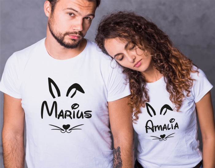 Tricouri cuplu personalizate de Paște - Fețe de iepurași și nume [1]
