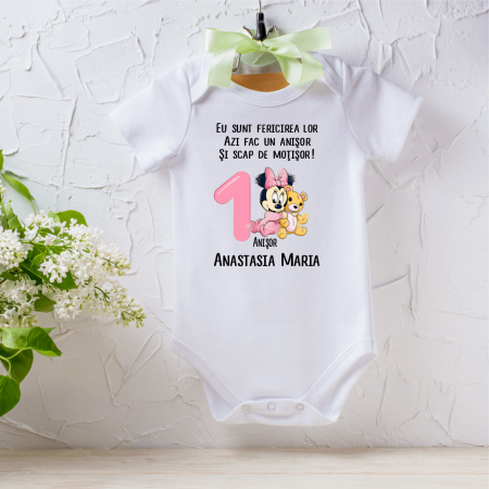 Body-uri personalizate fetițe - Body personalizat aniversare 1 an - Baby Minnie Mouse - Ursuleț