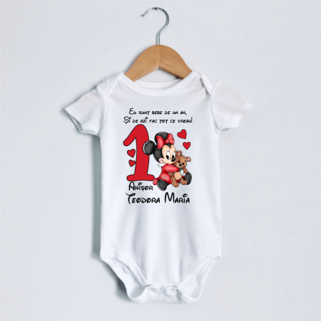 Body-uri personalizate fetițe - Body personalizat aniversare 1 an - Baby Minnie - Ursuleț
