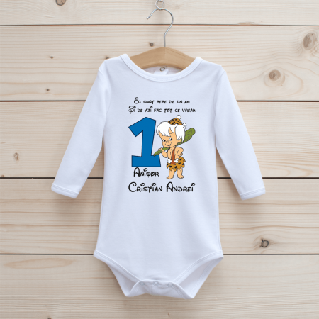 Body-uri aniversare 1 an - Body personalizat Aniversare 1 an  - Bamm Bamm Ruble - Familia Flintstone