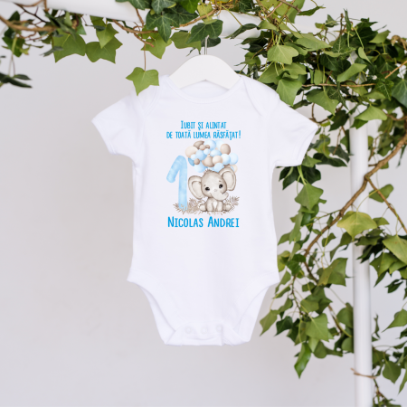 Body-uri personalizate băieți - Body personalizat aniversare 1 an - Elefănțel - Model băiețel