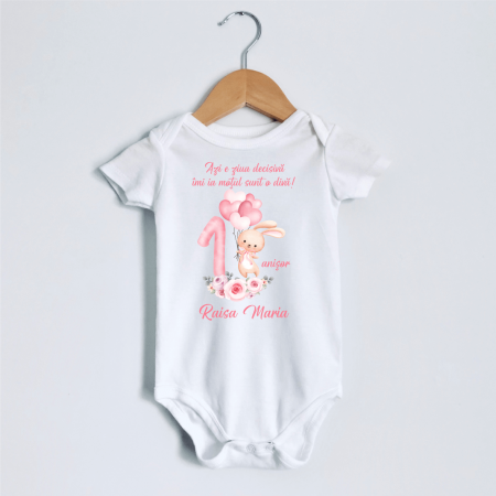 Body-uri personalizate fetițe - Body personalizat aniversare 1 an - Iepuraș - Model fetiță